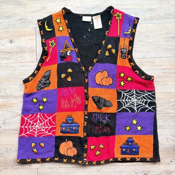 Bobbie Brooks Sweaters - Vintage Halloween Sweater Patchwork Vest XL Witch Pumpkin Bat 90s Knit Kitschy